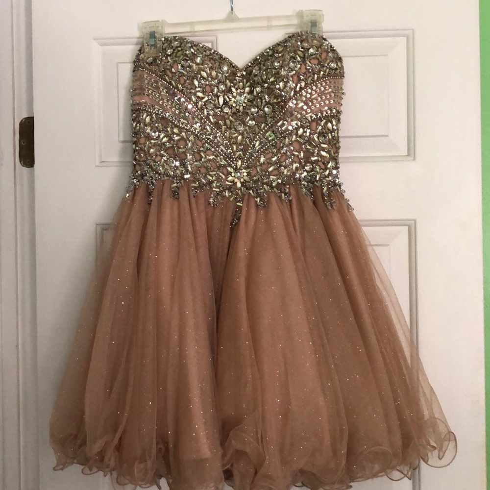 Biush/ champagne short beaded prom dress